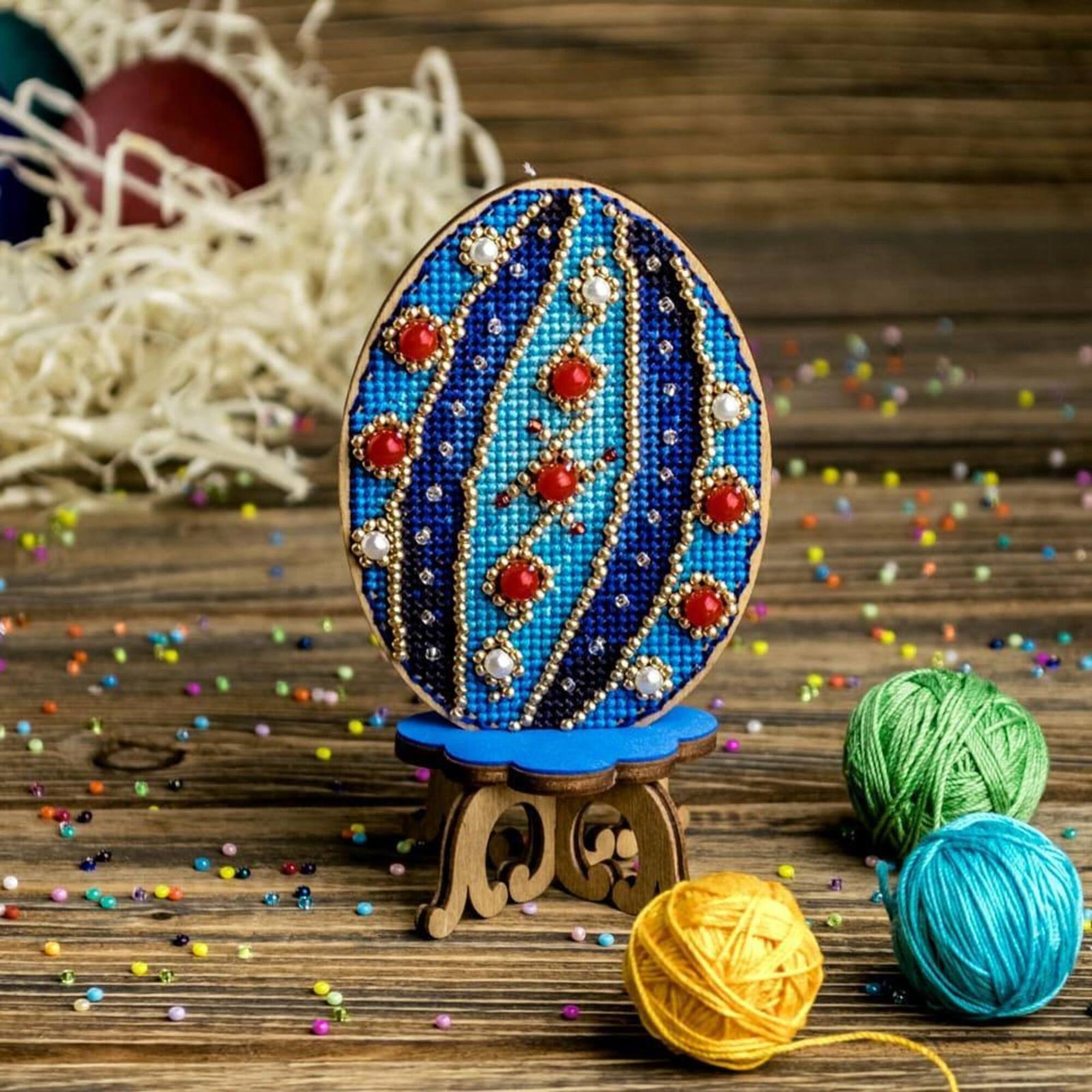 Wonderland Crafts Blue Stripes Easter Egg Cross Stitch on Wood Kit